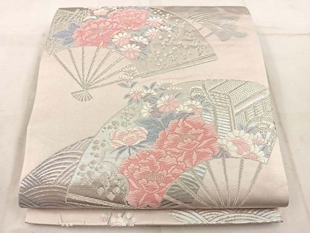 平和屋着物◎六通柄袋帯　唐織　扇面御所車花文　銀糸　正絹　逸品　BAAW1774mz