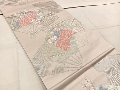 平和屋着物◎六通柄袋帯　唐織　扇面御所車花文　銀糸　正絹　逸品　BAAW1774mz