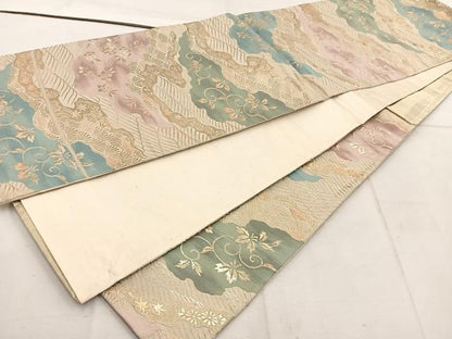 平和屋着物◎六通柄袋帯　雲重ね花文　金糸　正絹　逸品　BAAW1778mz