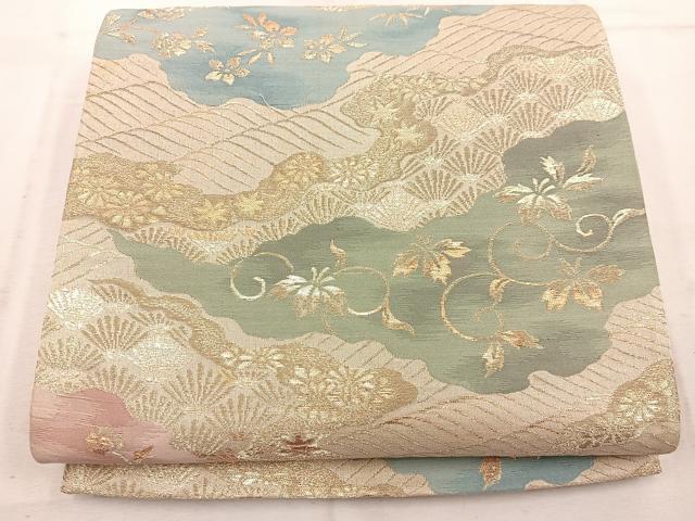 平和屋着物◎六通柄袋帯　雲重ね花文　金糸　正絹　逸品　BAAW1778mz