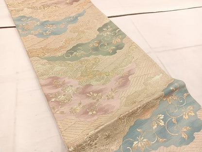 平和屋着物◎六通柄袋帯　雲重ね花文　金糸　正絹　逸品　BAAW1778mz