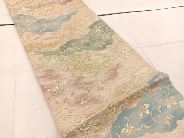 平和屋着物◎六通柄袋帯　雲重ね花文　金糸　正絹　逸品　BAAW1778mz
