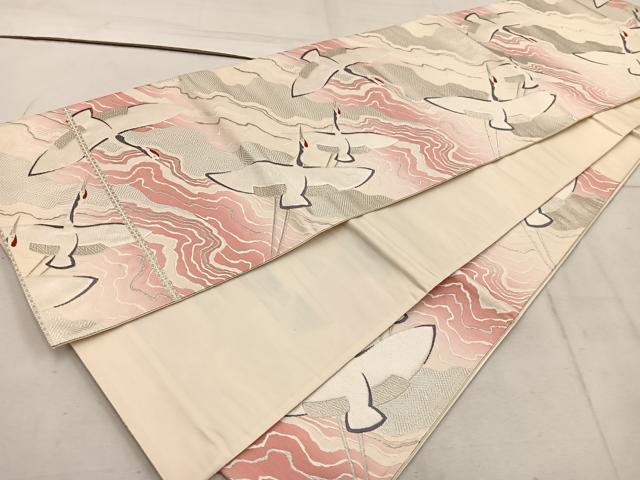 平和屋着物◎六通柄袋帯　飛鶴文　銀糸　正絹　逸品　BAAW1779mz