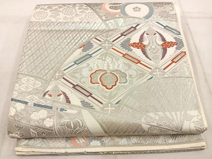 平和屋着物◎六通柄袋帯　唐織　扇面向かい鶴花文　古代錦プラチナ箔　正絹　逸品　BAAW1780mz