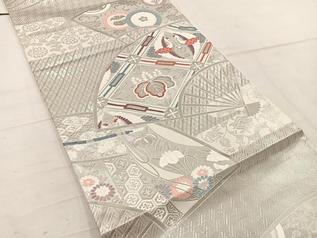 平和屋着物◎六通柄袋帯　唐織　扇面向かい鶴花文　古代錦プラチナ箔　正絹　逸品　BAAW1780mz