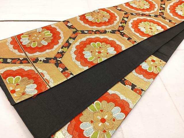 平和屋着物◎六通柄袋帯　唐織　亀甲花文　黒地　金糸　正絹　逸品　BAAW1783mz