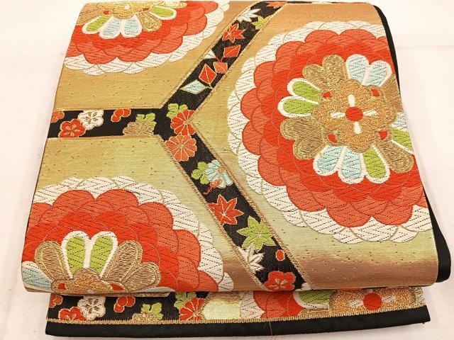平和屋着物◎六通柄袋帯　唐織　亀甲花文　黒地　金糸　正絹　逸品　BAAW1783mz