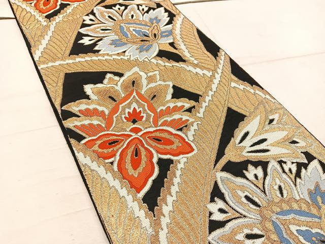平和屋着物◎六通柄　本袋帯　更紗花文　黒地　金糸　正絹　逸品　BAAW1790mz