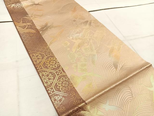 平和屋着物◎六通柄袋帯　みかげ錦　宗達鶴文　金糸　正絹　逸品　BAAW1800mz
