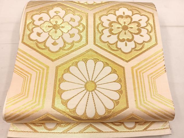 平和屋着物◎六通柄袋帯　亀甲菊花文　金糸　正絹　逸品　BAAW1804mz