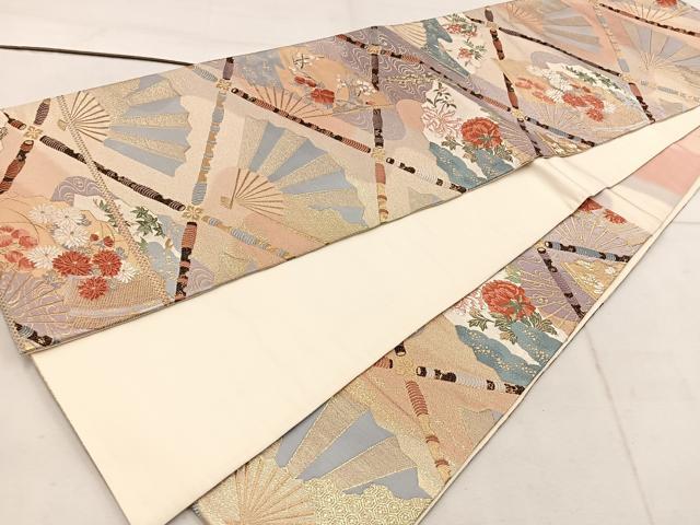 平和屋着物◎六通柄袋帯 唐織 横笛扇面ちらし文 金糸 正絹 逸品 BAAW1805mz