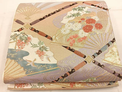 平和屋着物◎六通柄袋帯 唐織 横笛扇面ちらし文 金糸 正絹 逸品 BAAW1805mz