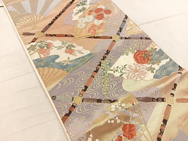 平和屋着物◎六通柄袋帯 唐織 横笛扇面ちらし文 金糸 正絹 逸品 BAAW1805mz