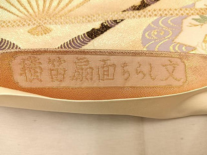 平和屋着物◎六通柄袋帯 唐織 横笛扇面ちらし文 金糸 正絹 逸品 BAAW1805mz