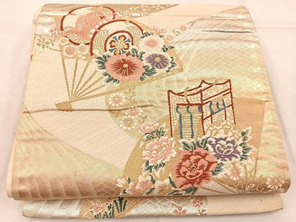 平和屋着物◎六通柄袋帯 唐織 扇面御所車鼓花文 金銀糸 正絹 逸品 BAAW1870mz