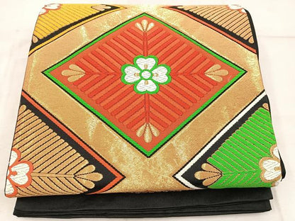 平和屋着物◎六通柄袋帯　唐織　菱花文　黒地　金銀糸　正絹　逸品　BAAW1872mz