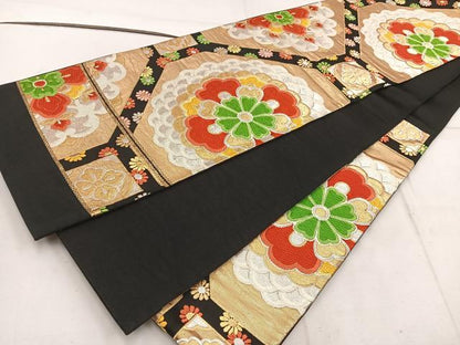 平和屋着物◎六通柄袋帯　唐織　蜀江花文　黒地　金銀糸　正絹　逸品　BAAW1887mz