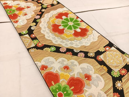 平和屋着物◎六通柄袋帯　唐織　蜀江花文　黒地　金銀糸　正絹　逸品　BAAW1887mz