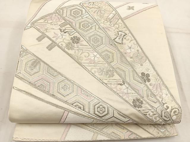 平和屋着物◎六通柄袋帯　檜扇亀甲花文　銀糸　正絹　逸品　BAAW1888mz