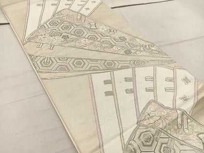 平和屋着物◎六通柄袋帯　檜扇亀甲花文　銀糸　正絹　逸品　BAAW1888mz