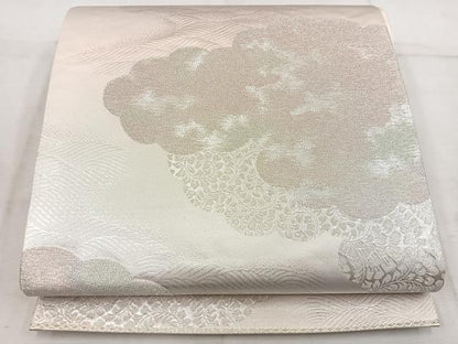 平和屋着物◎六通柄袋帯　雲重ね花文　銀糸　正絹　逸品　BAAW1894mz