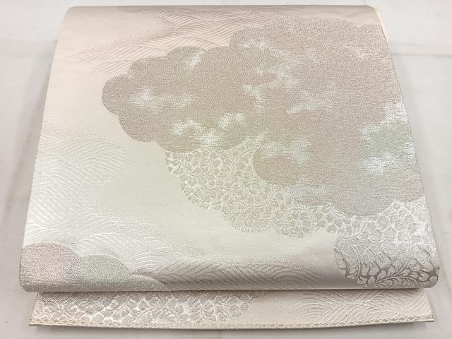 平和屋着物◎六通柄袋帯　雲重ね花文　銀糸　正絹　逸品　BAAW1894mz