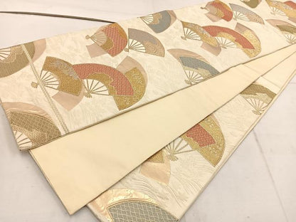 平和屋着物◎六通柄袋帯　扇面花文　金銀糸　正絹　逸品　BAAW1895mz