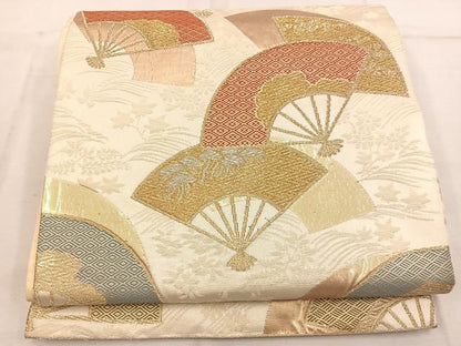 平和屋着物◎六通柄袋帯　扇面花文　金銀糸　正絹　逸品　BAAW1895mz