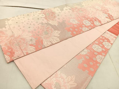 平和屋着物◎六通柄袋帯 唐織 菊牡丹文 銀糸 正絹 逸品 BAAW1898mz