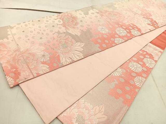 平和屋着物◎六通柄袋帯 唐織 菊牡丹文 銀糸 正絹 逸品 BAAW1898mz