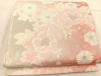 平和屋着物◎六通柄袋帯 唐織 菊牡丹文 銀糸 正絹 逸品 BAAW1898mz