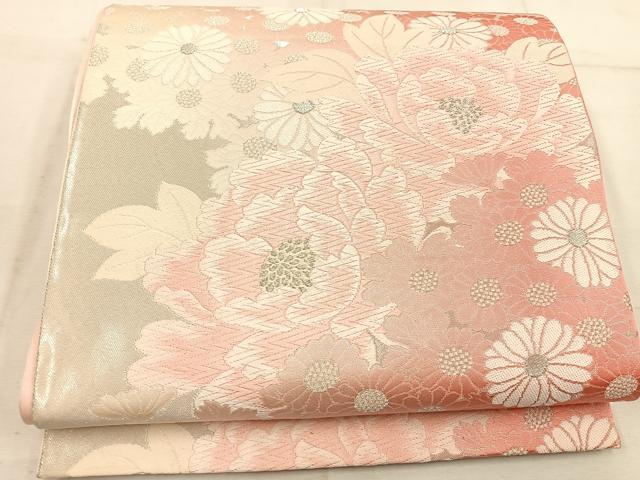 平和屋着物◎六通柄袋帯 唐織 菊牡丹文 銀糸 正絹 逸品 BAAW1898mz