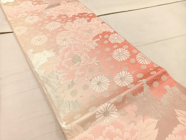 平和屋着物◎六通柄袋帯 唐織 菊牡丹文 銀糸 正絹 逸品 BAAW1898mz
