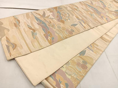 平和屋着物◎六通柄袋帯 風景花文 金糸 正絹 逸品 BAAW1902mz