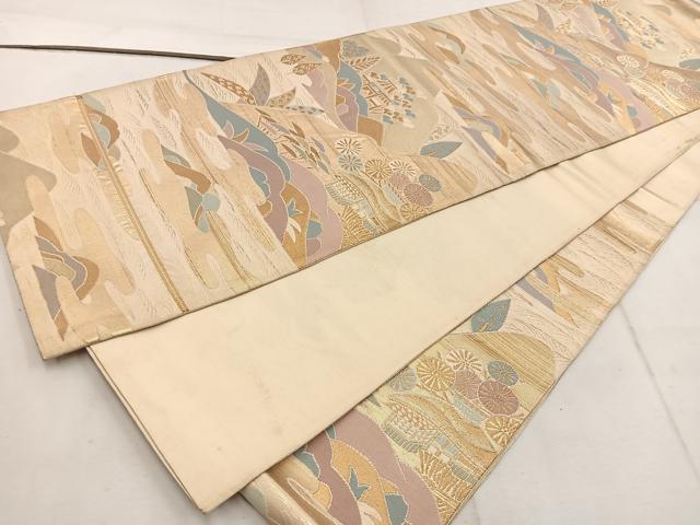 平和屋着物◎六通柄袋帯 風景花文 金糸 正絹 逸品 BAAW1902mz