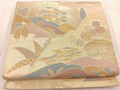 平和屋着物◎六通柄袋帯 風景花文 金糸 正絹 逸品 BAAW1902mz