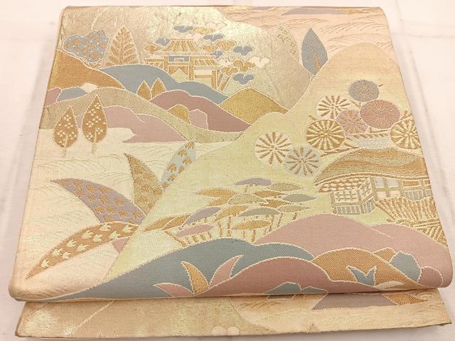 平和屋着物◎六通柄袋帯 風景花文 金糸 正絹 逸品 BAAW1902mz