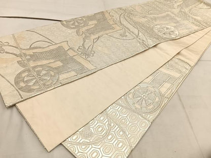 平和屋着物◎六通柄袋帯 御所車文 銀糸 正絹 逸品 BAAW1908mz