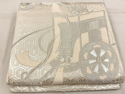 平和屋着物◎六通柄袋帯 御所車文 銀糸 正絹 逸品 BAAW1908mz