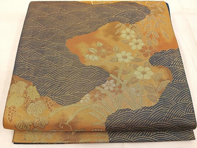平和屋着物◎六通柄袋帯 流水花文 金糸 正絹 逸品 BAAW1911mz