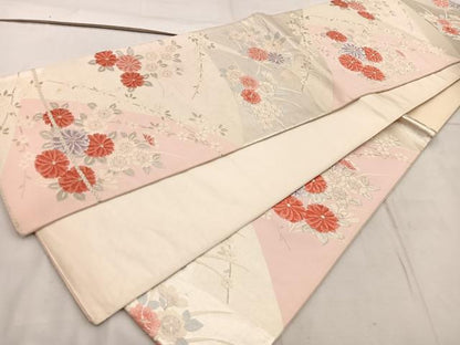 平和屋着物◎六通柄袋帯 唐織 菊花文 銀糸 正絹 逸品 BAAW1914mz