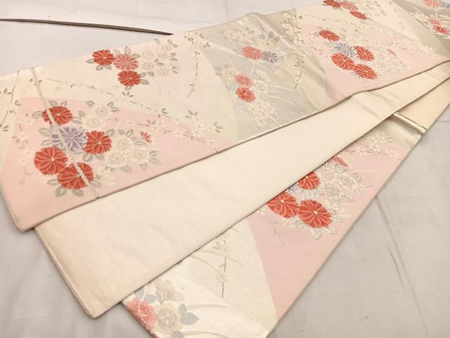 平和屋着物◎六通柄袋帯 唐織 菊花文 銀糸 正絹 逸品 BAAW1914mz