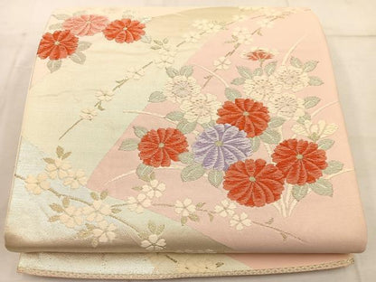 平和屋着物◎六通柄袋帯 唐織 菊花文 銀糸 正絹 逸品 BAAW1914mz