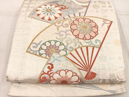 平和屋着物◎六通柄袋帯 唐織 扇面菊花文 金銀糸 正絹 逸品 BAAW1919mz