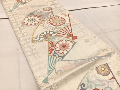 平和屋着物◎六通柄袋帯 唐織 扇面菊花文 金銀糸 正絹 逸品 BAAW1919mz