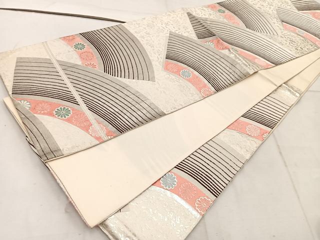 平和屋着物◎六通柄袋帯　唐織　地紙花文　銀糸　正絹　逸品　BAAW1920mz