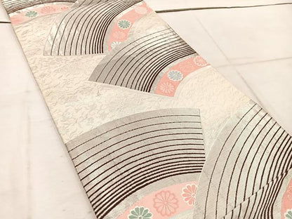 平和屋着物◎六通柄袋帯　唐織　地紙花文　銀糸　正絹　逸品　BAAW1920mz