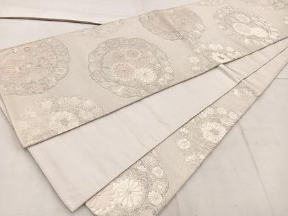 平和屋着物◎六通柄袋帯　唐織　花絵皿文　銀糸　正絹　逸品　BAAW1925mz