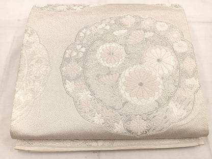平和屋着物◎六通柄袋帯　唐織　花絵皿文　銀糸　正絹　逸品　BAAW1925mz