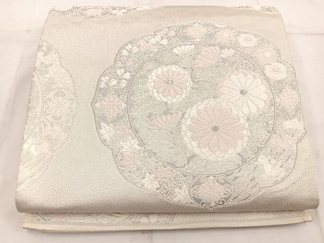 平和屋着物◎六通柄袋帯　唐織　花絵皿文　銀糸　正絹　逸品　BAAW1925mz